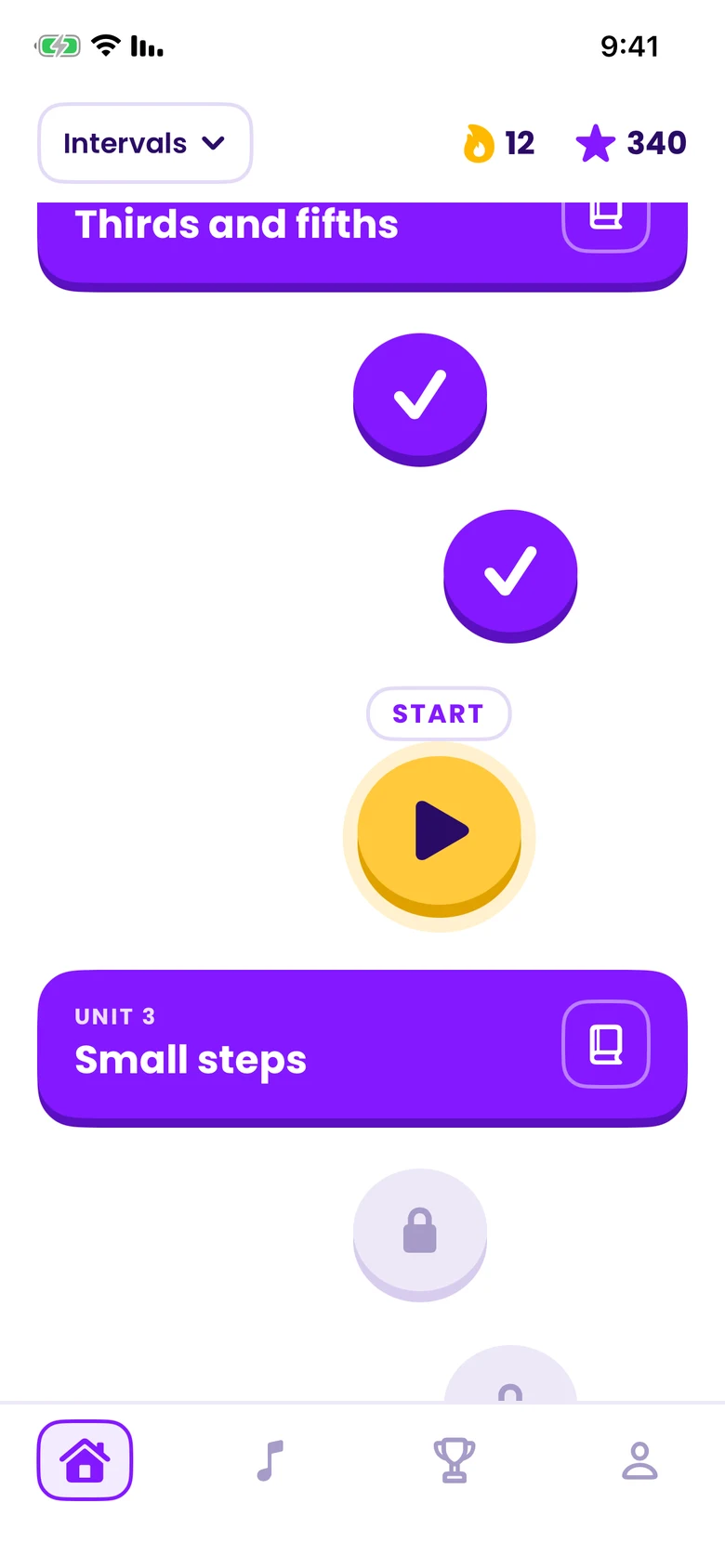 The lesson path in Intervals: two finished lessons, the next one ready to start, and Unit 3, Small steps, locked.
